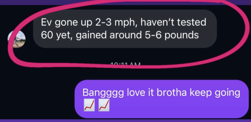 EV up 2-3 mph, gained 5-6 pounds