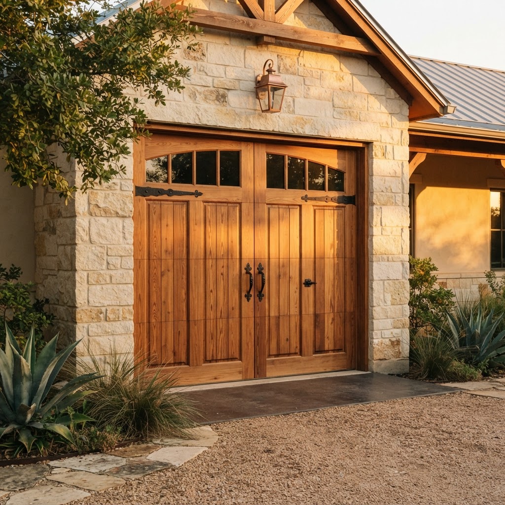 Modern carriage house cedar garage door with black wrought iron hardware maintained to pristine condition
