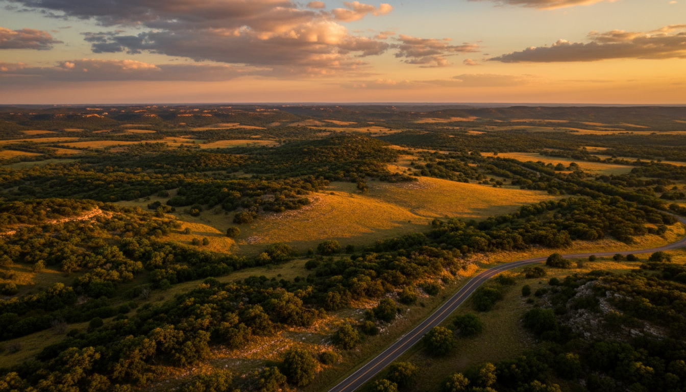 Aerial view of Texas Hill Country at golden hour with rolling cedar-covered hills and warm ochre grasslands