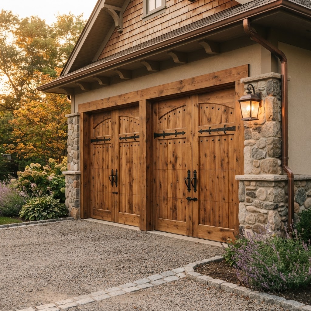 Carriage house garage door with vertical raised cedar panels and black wrought iron hardware