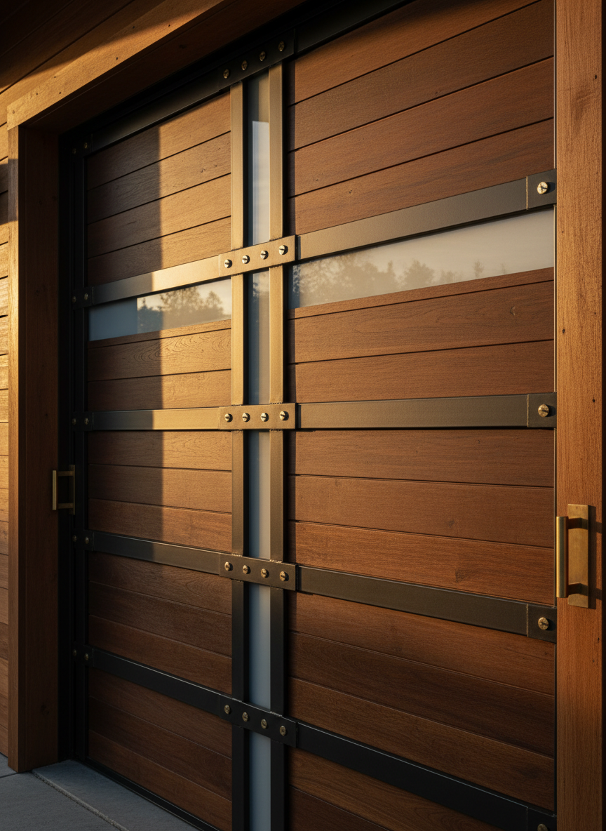 Technician inspecting a premium horizontal slat dark oak garage door during a maintenance visit