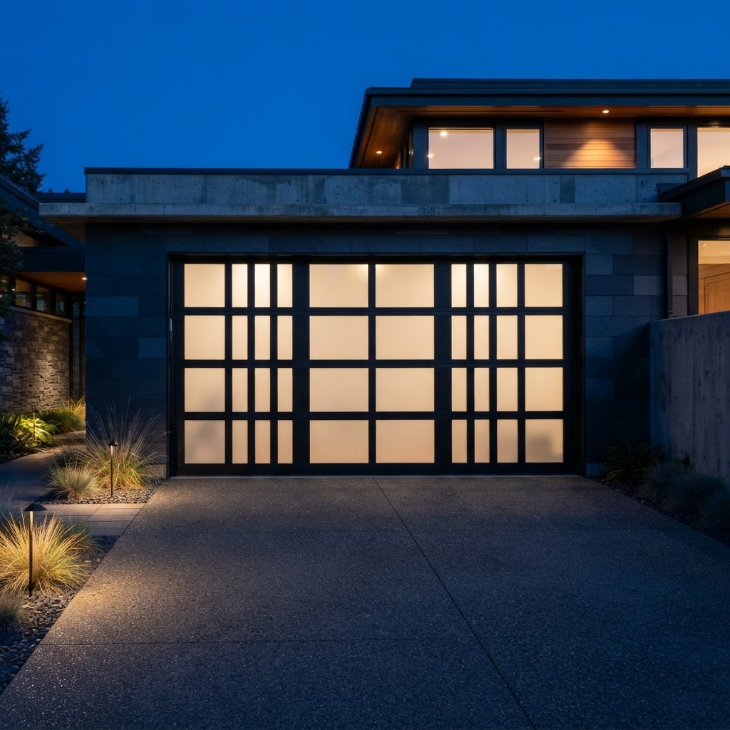 Contemporary garage door with frosted glass vertical lites and dark aluminum frame