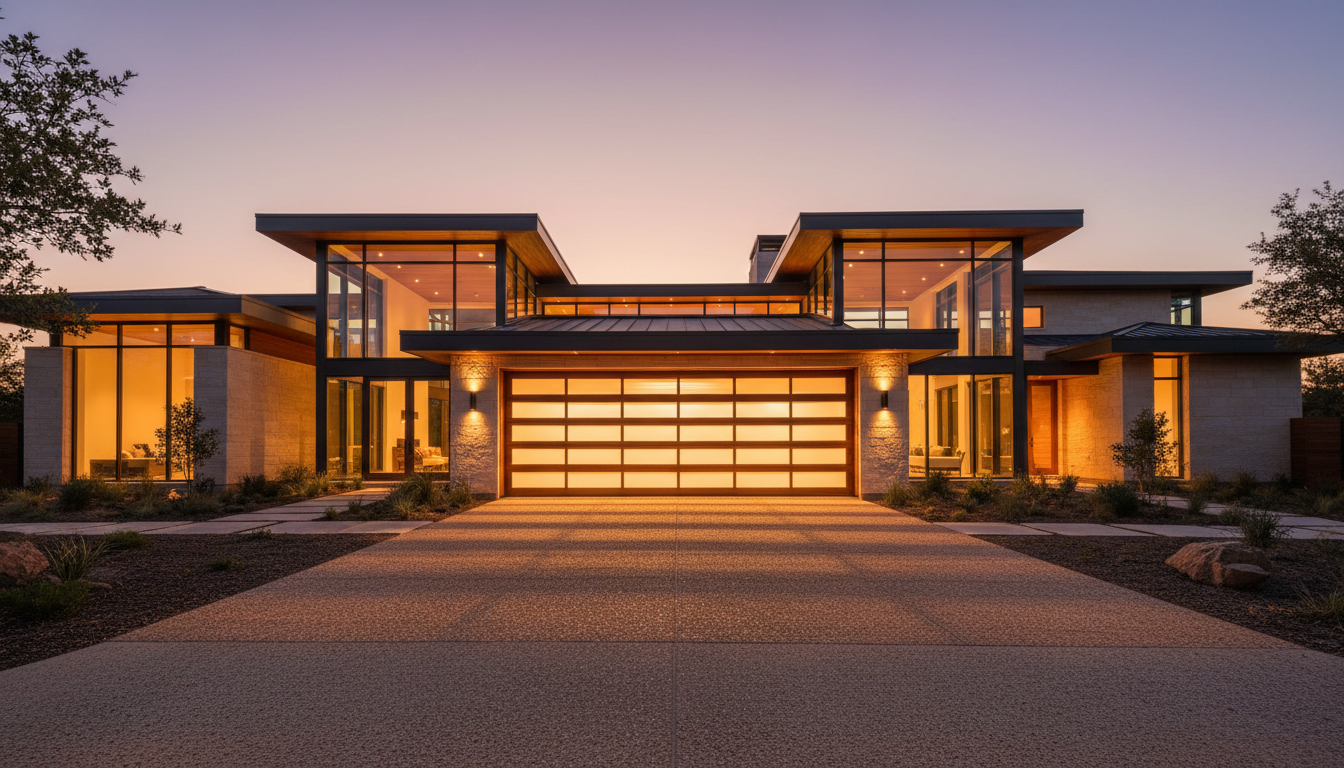 Modern Texas luxury home at golden hour with custom wood and glass garage door glowing from warm interior light