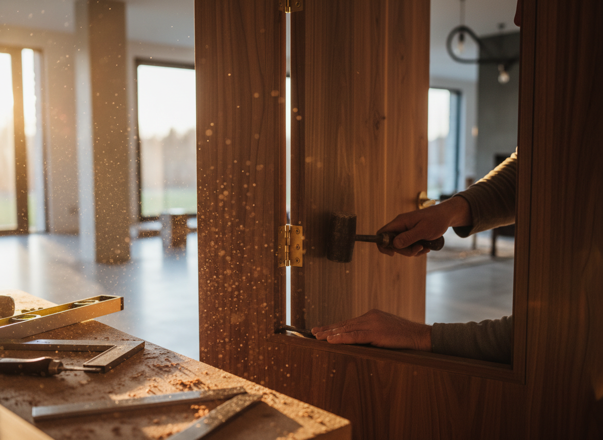 Craftsman's hands precisely installing a premium dark wood door panel with brass hardware, warm workshop lighting