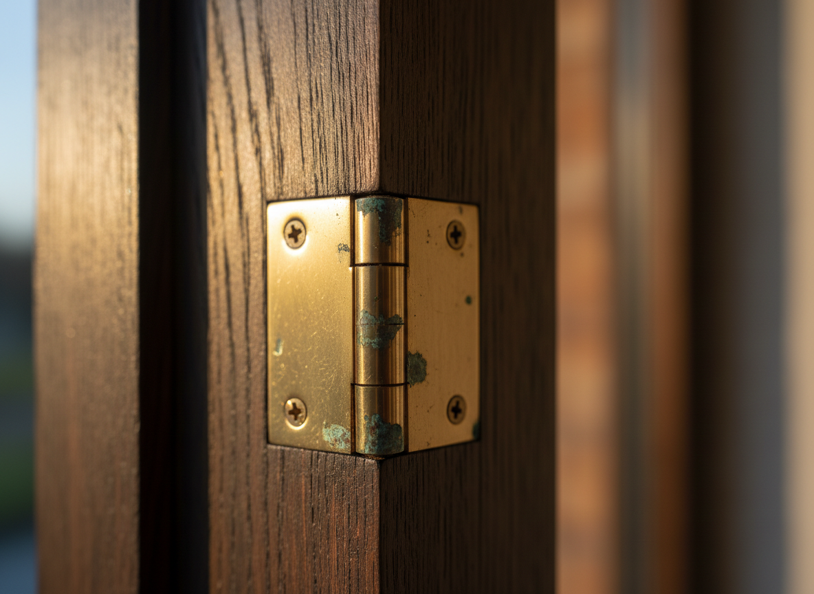 Extreme macro of weathered brass hinge meeting dark stained oak wood, showing precise mortise and tenon joint craftsmanship