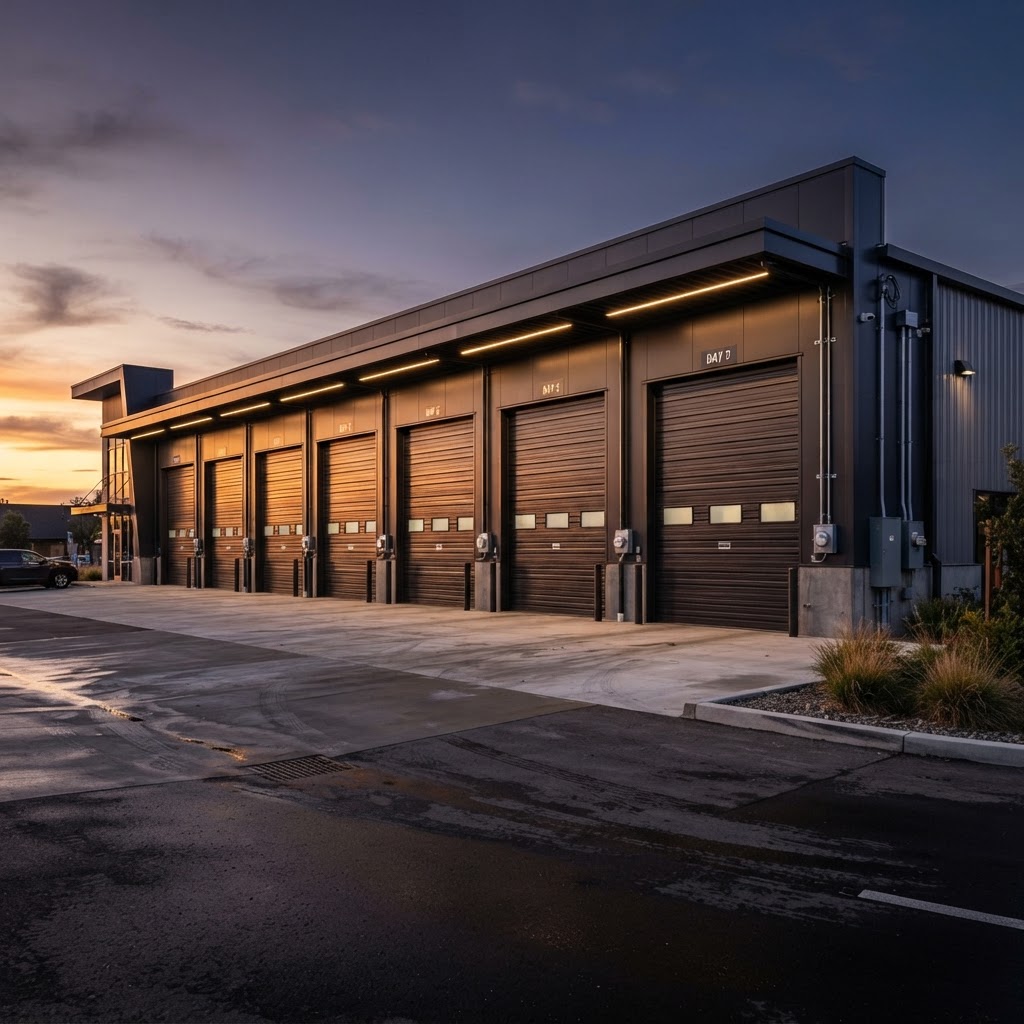 Row of modern commercial rolling steel garage doors on an industrial building at twilight under premium protection plan