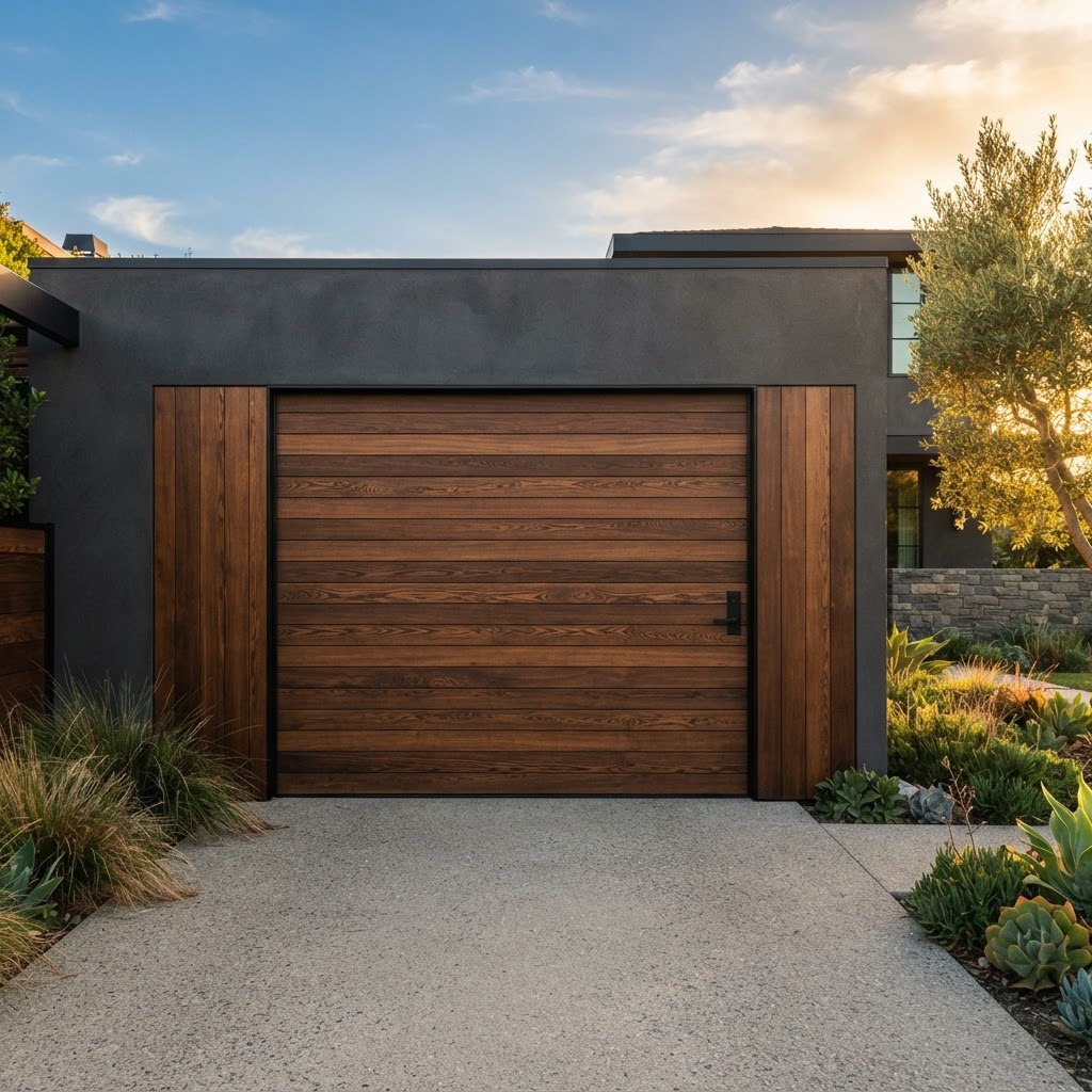 Modern flush garage door with horizontal dark stained oak wood slats and matte black hardware