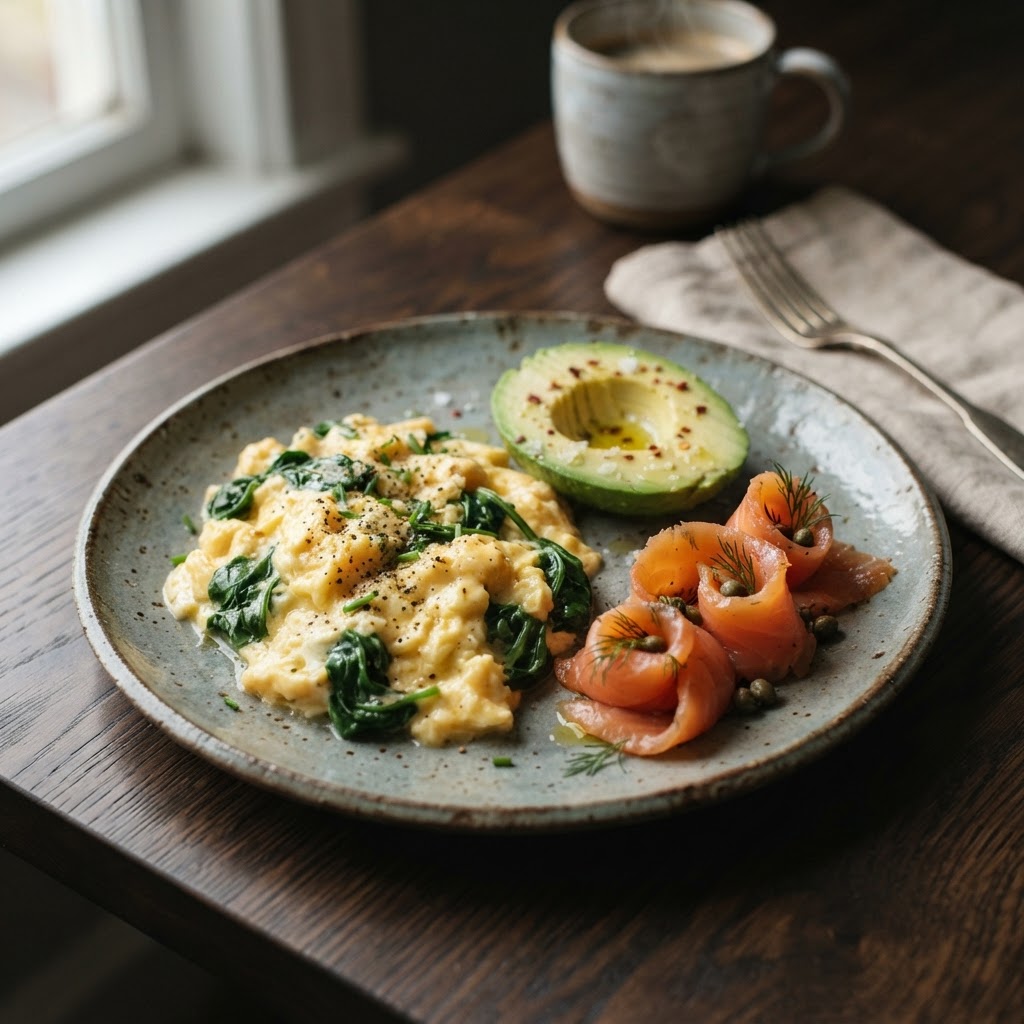 Revuelto de 3 huevos con espinacas, aguacate y salmón ahumado
