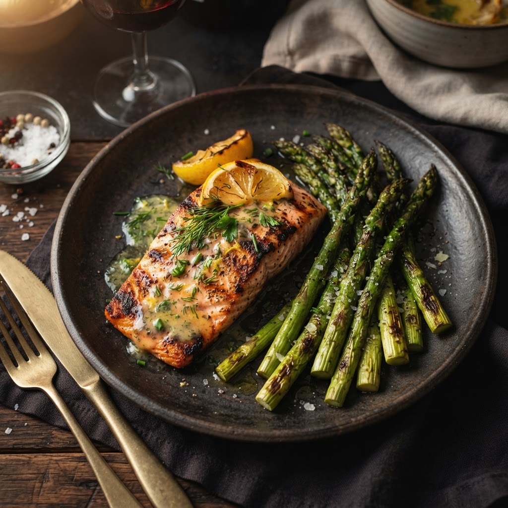 Salmón al horno con espárragos y mantequilla de limón