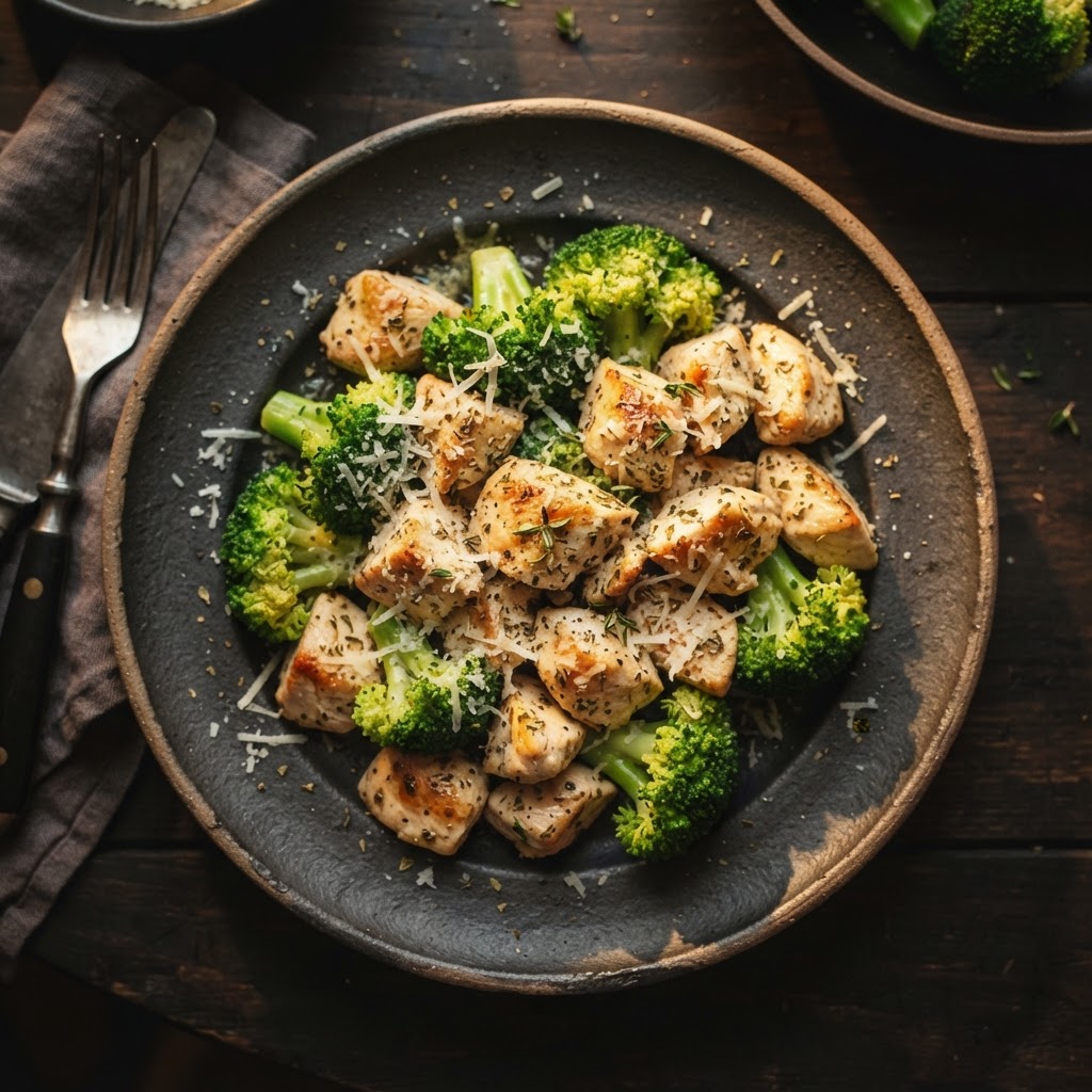 Pollo a la mantequilla con brócoli y parmesano
