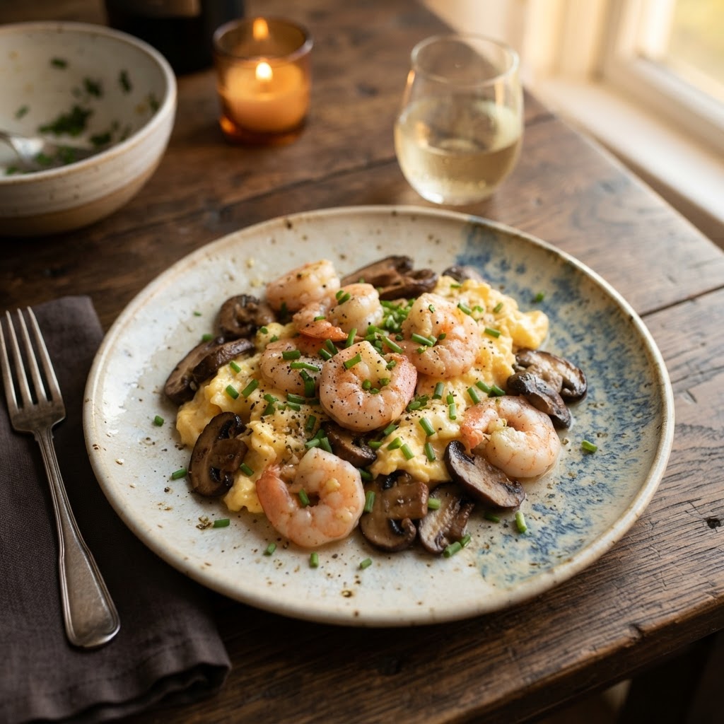 Gambas al ajillo con revuelto de setas
