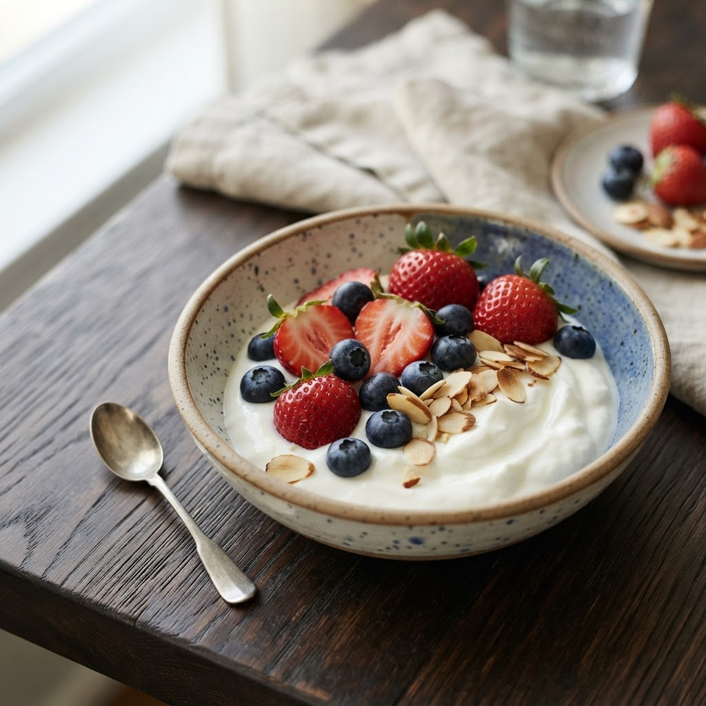 Yogur griego con fresas y arándanos
