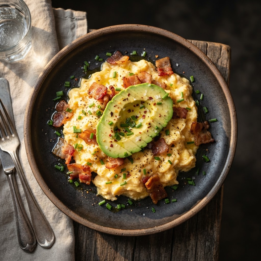 Revuelto keto con aguacate y bacon crujiente