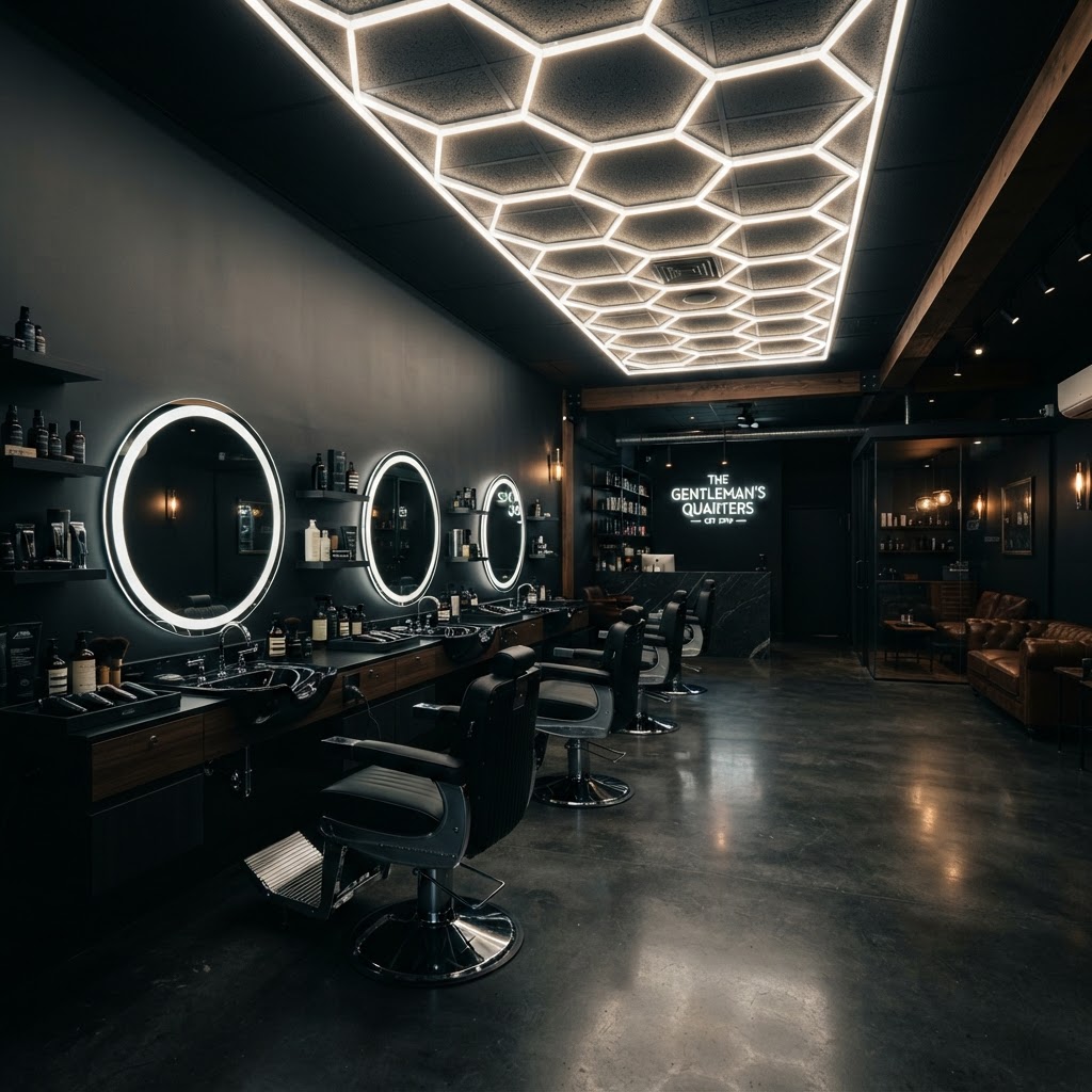 Luxury barbershop interior with hex lights