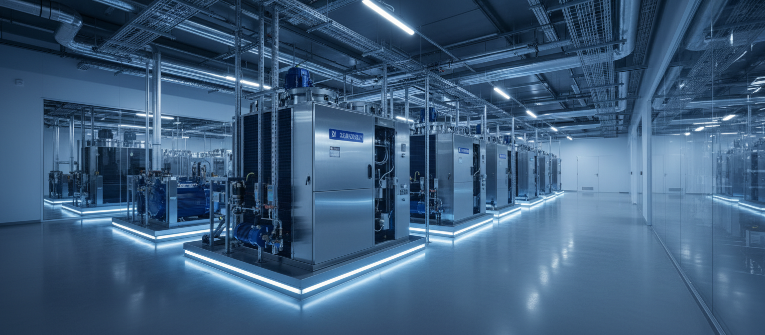 Sala de máquinas moderna de refrigeração comercial