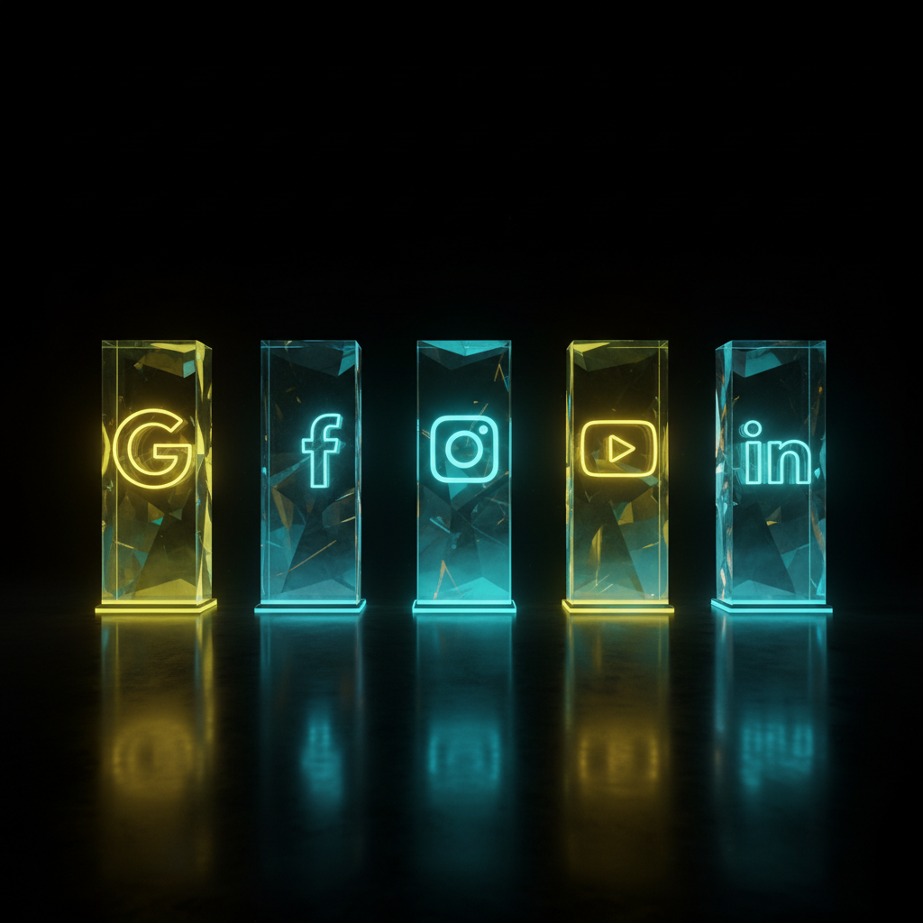 Five translucent pillars representing the five platform pillars of reputation management