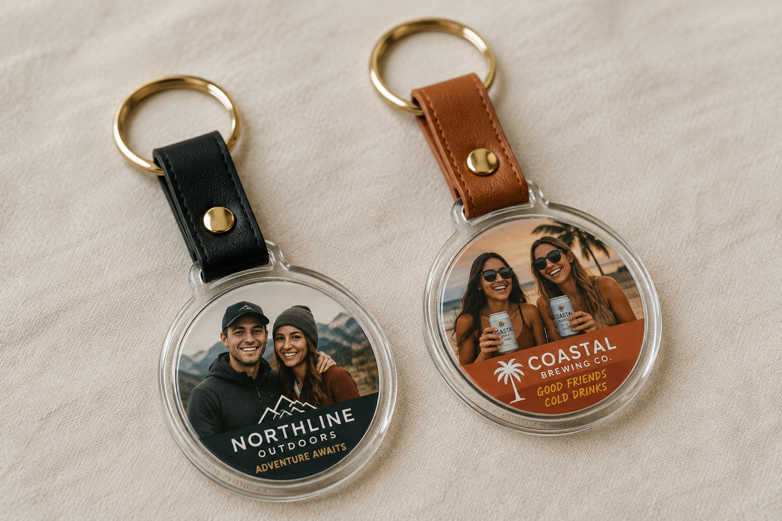 Concept examples of custom branded acrylic photo keychains with leather straps and gold hardware