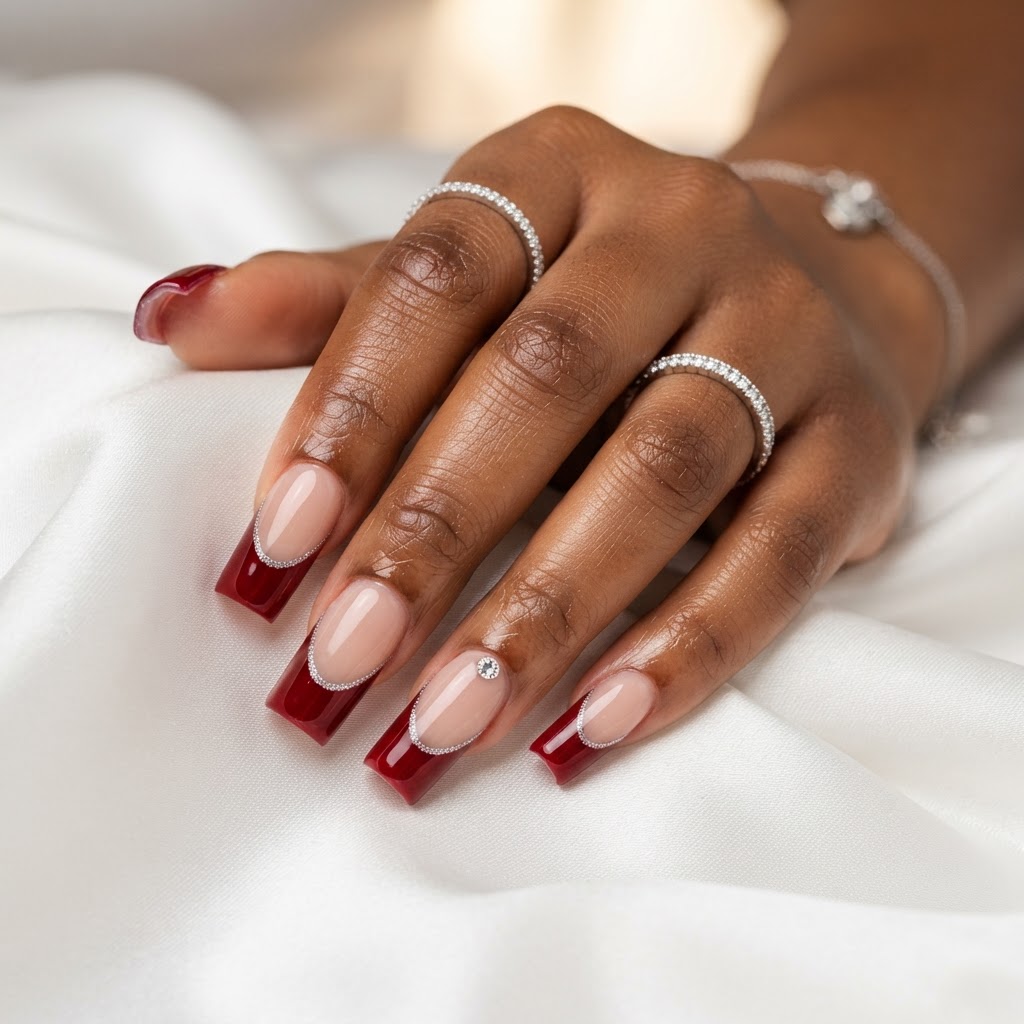 Deep red square French with silver line