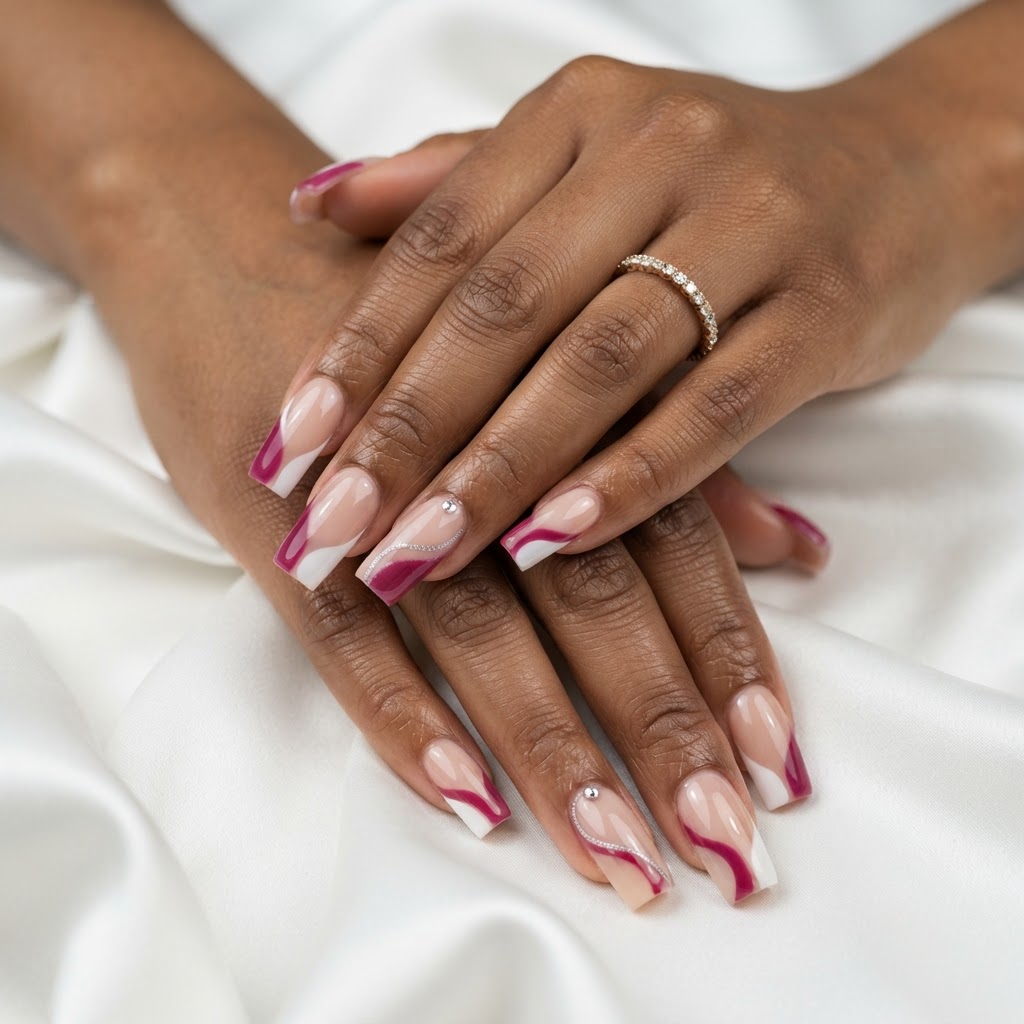 Berry & white abstract swirl tips