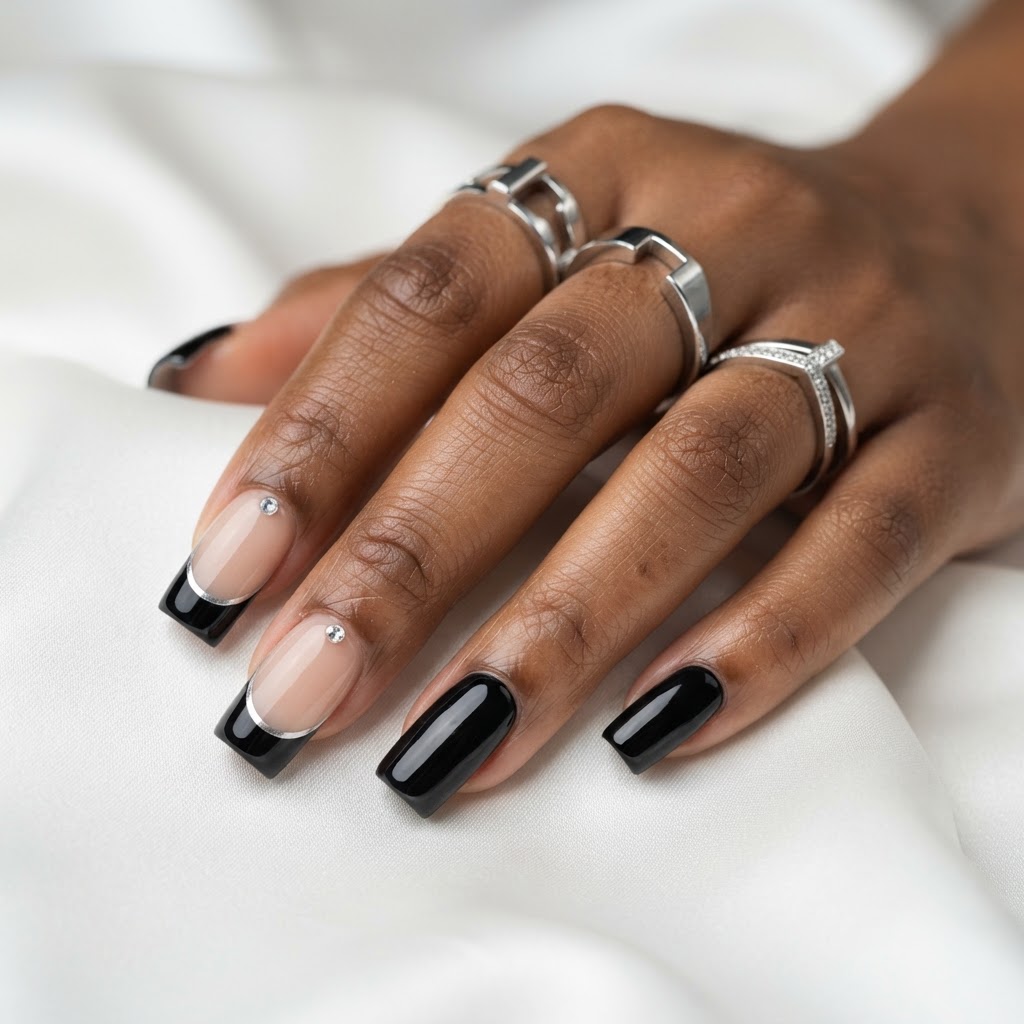 Black square French with silver pinstripe