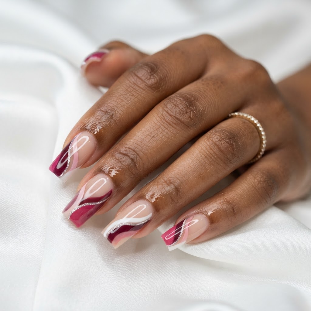 Abstract berry & white swirl tips
