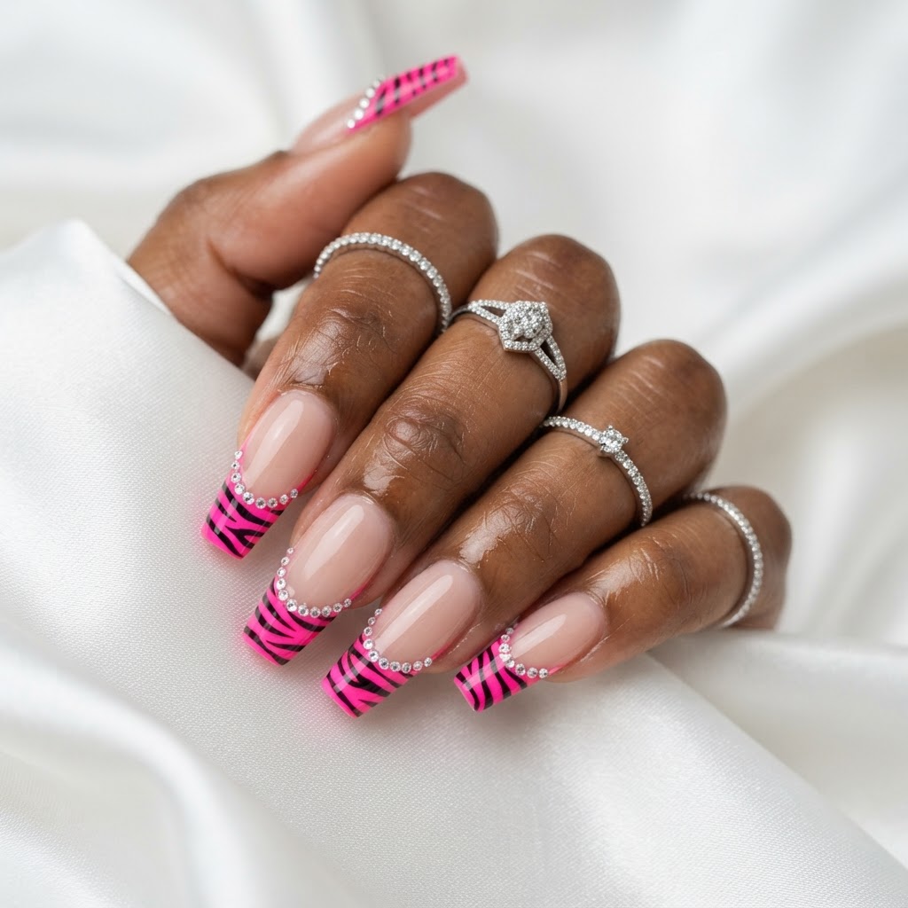 Neon zebra French with rhinestones