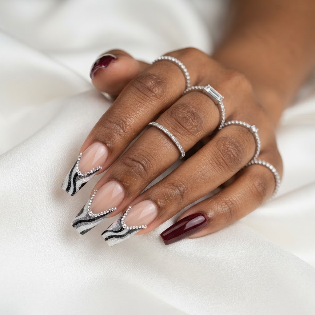 Burgundy & silver wave tips