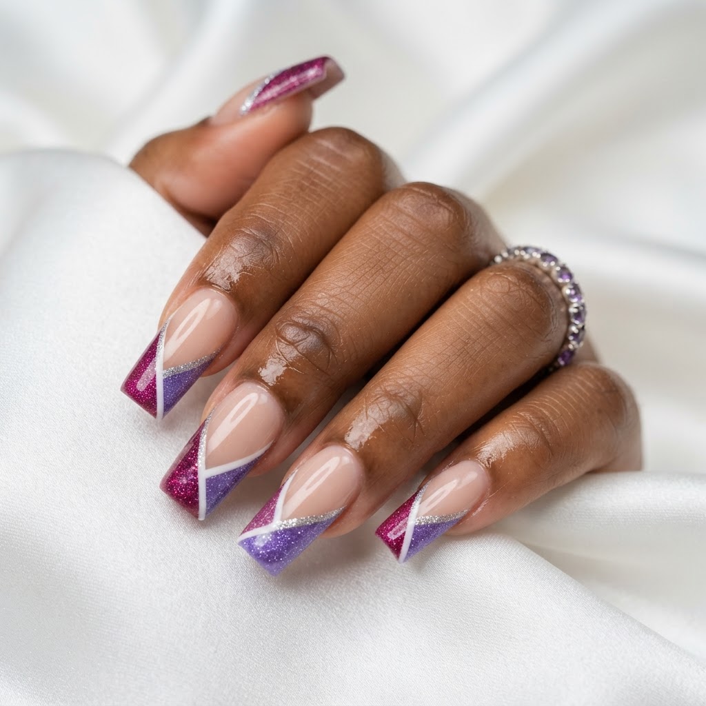 Magenta & violet color-block square tips