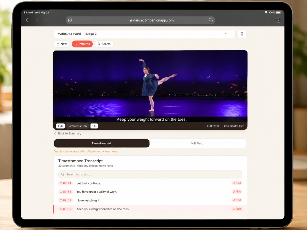 iPad view of video review with timestamped transcript