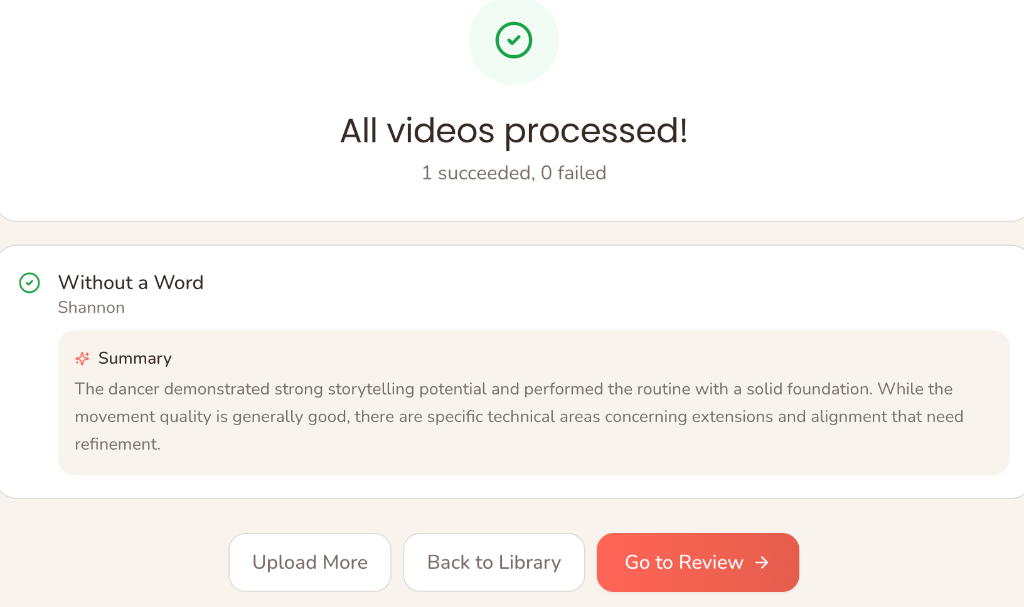 All videos processed screen with an AI-generated summary