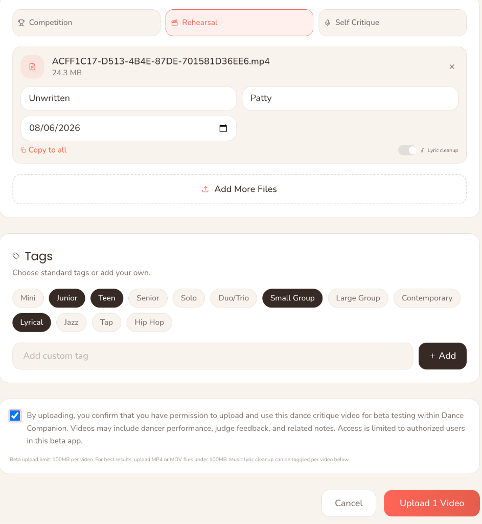Upload screen with routine name, dancer, date, and tags