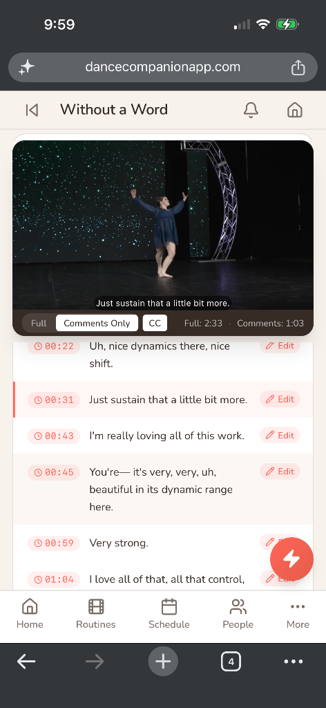 Mobile view of transcript with an annotated dancer frame