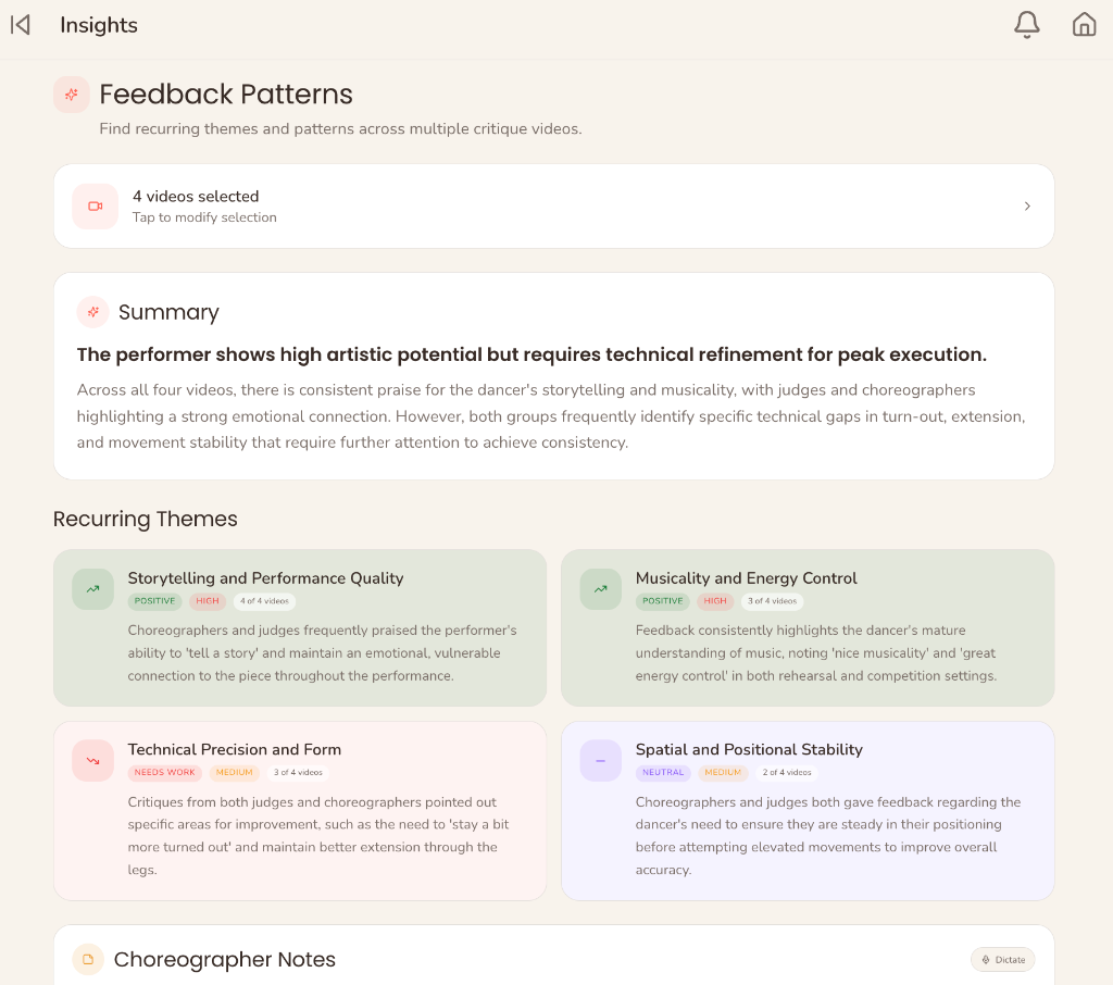 Feedback patterns dashboard with recurring theme cards