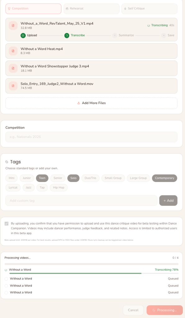 Processing monitor showing upload, transcribe, summarize, and save steps