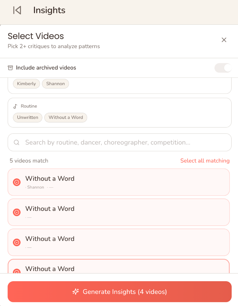 Select multiple critique videos to analyze