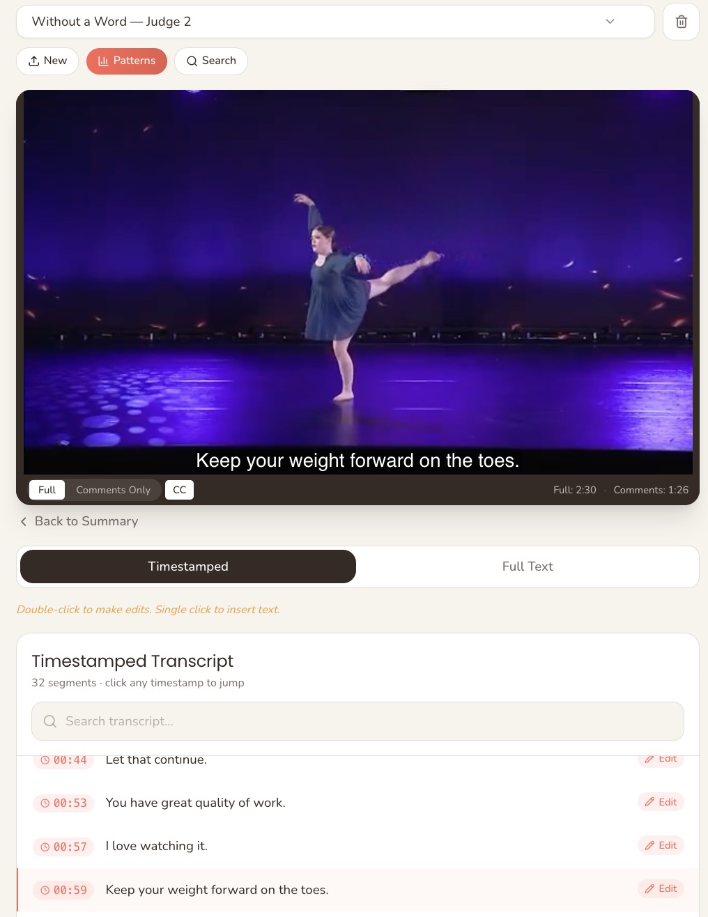 Dance Companion transcript view listing timestamped comments from a recording
