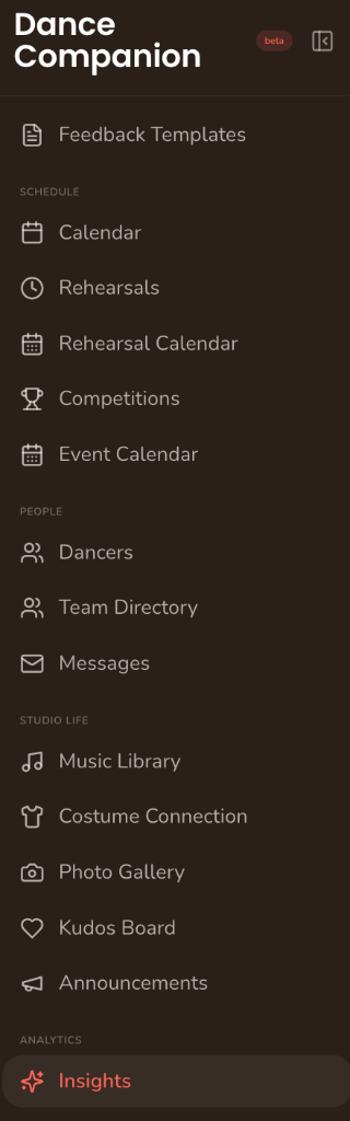 Dark sidebar navigation with Schedule, People, Studio Life, and Analytics sections