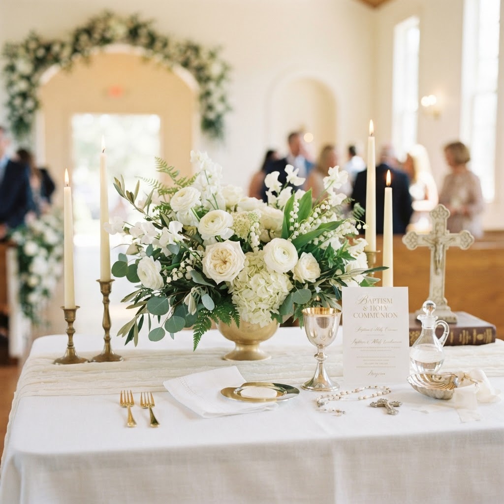 Baptism floral detail with greenery