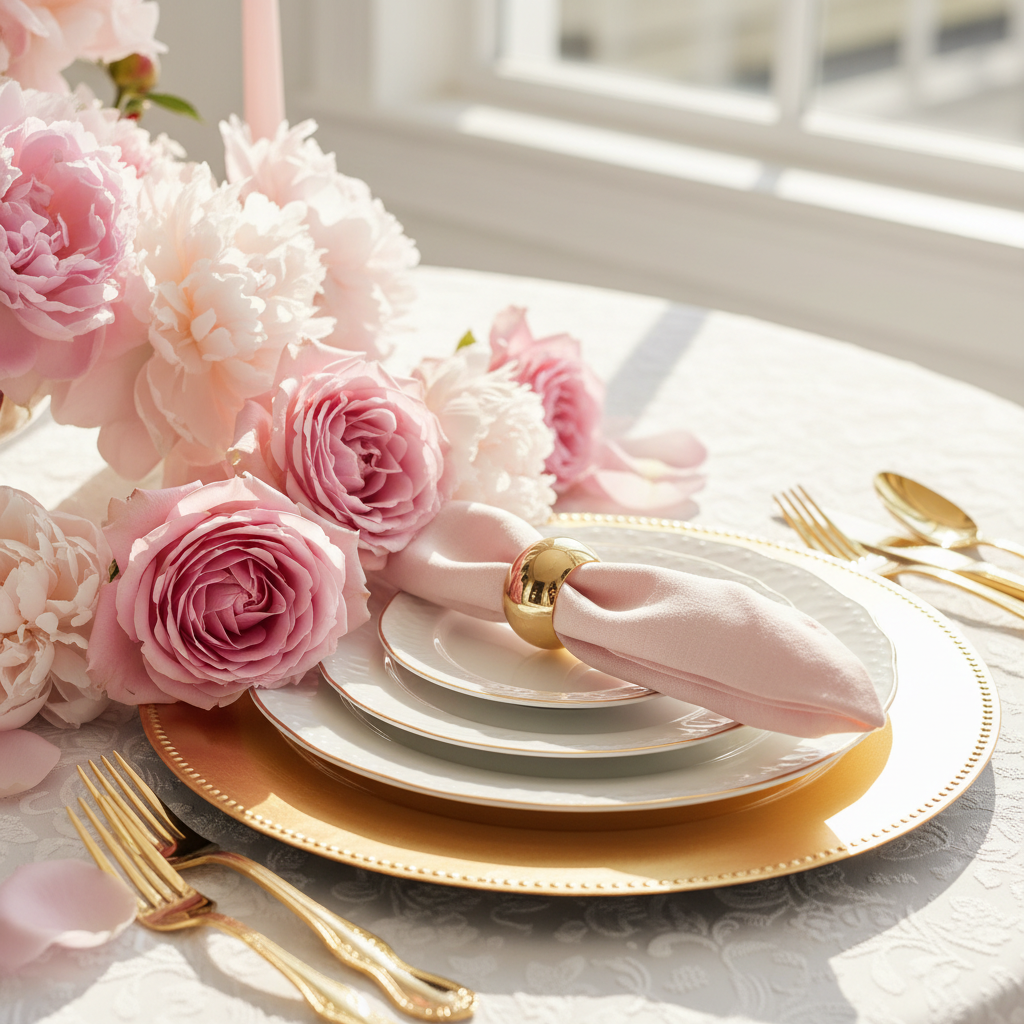 Luxury event place setting with pink roses and gold flatware