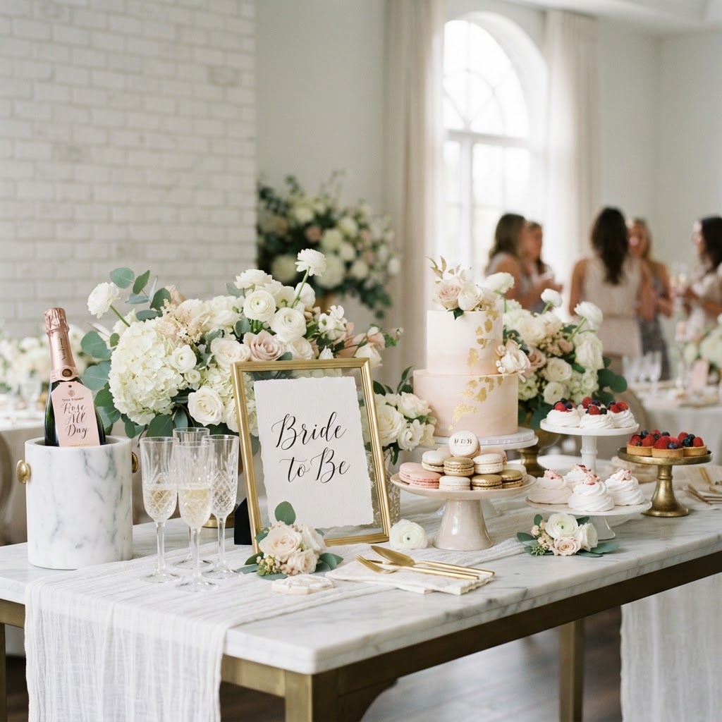 Bridal shower dessert and champagne table
