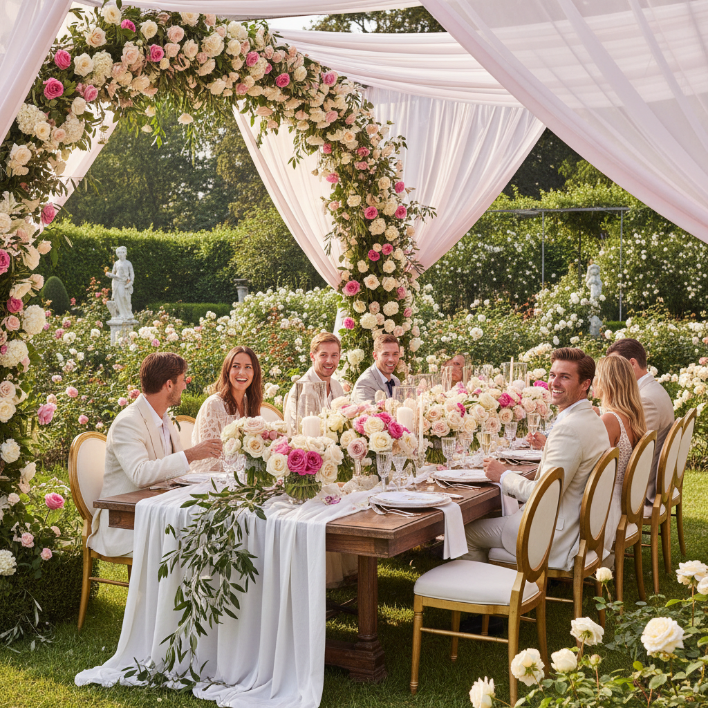 Wedding reception table with floral centerpiece