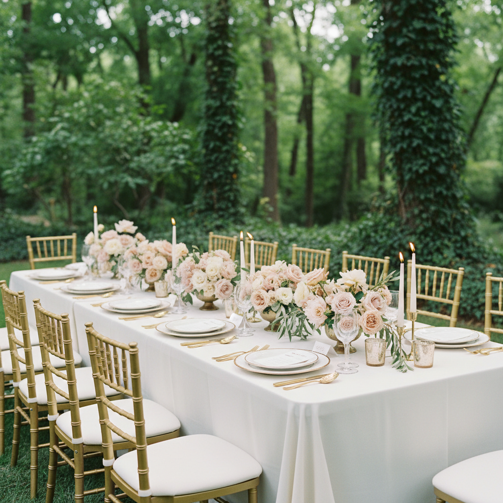 Elegant event table with pink florals and gold accents