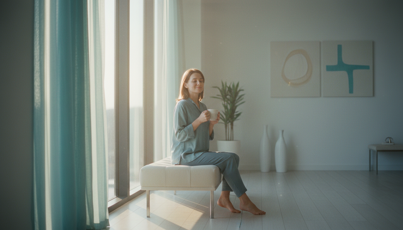 A peaceful woman sitting by a sunlit window, exhaling serenity