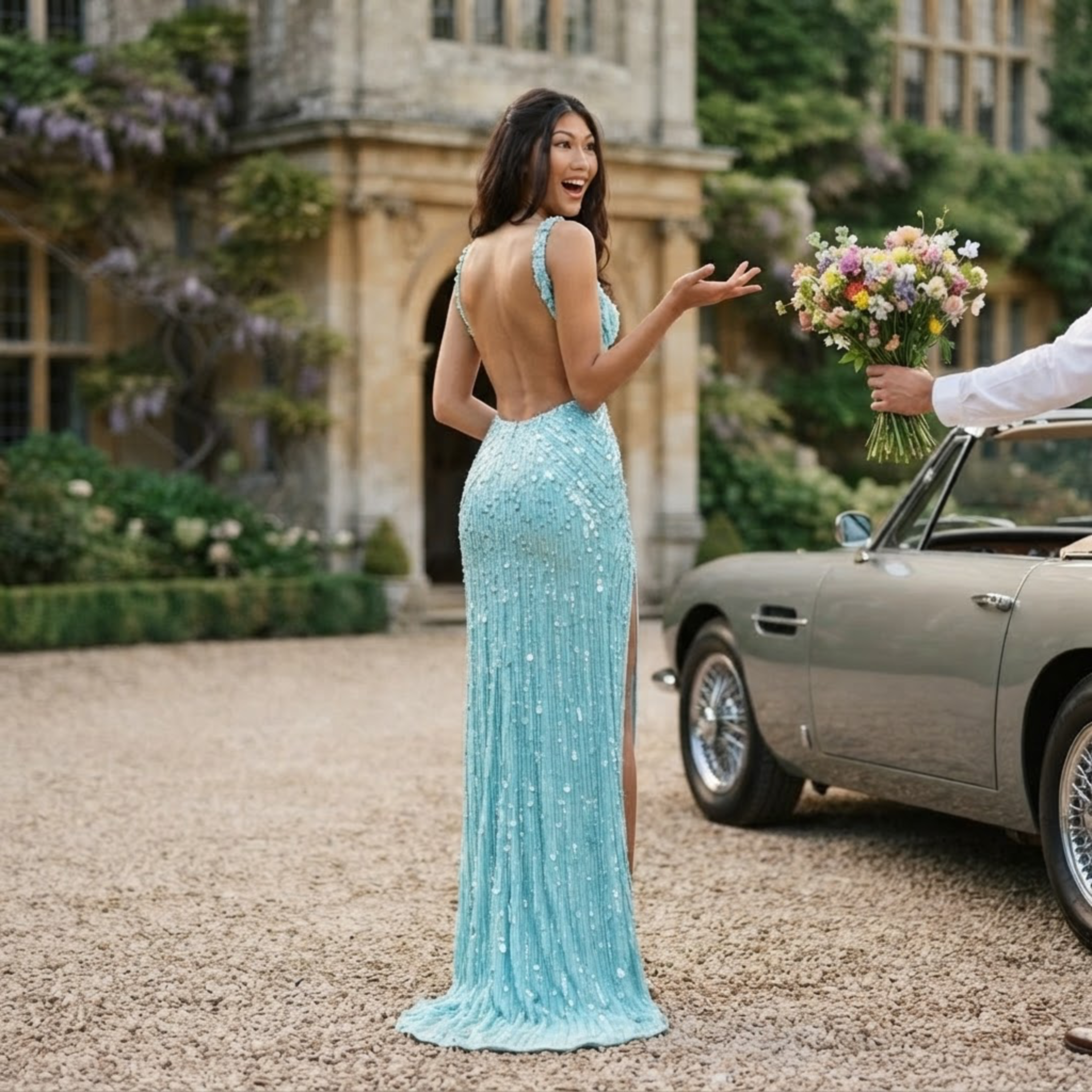 Icy-blue sequin gown at a stone manor with vintage car — prom 2027 dress at Laura's Boutique & Bridal in Hackensack, NJ