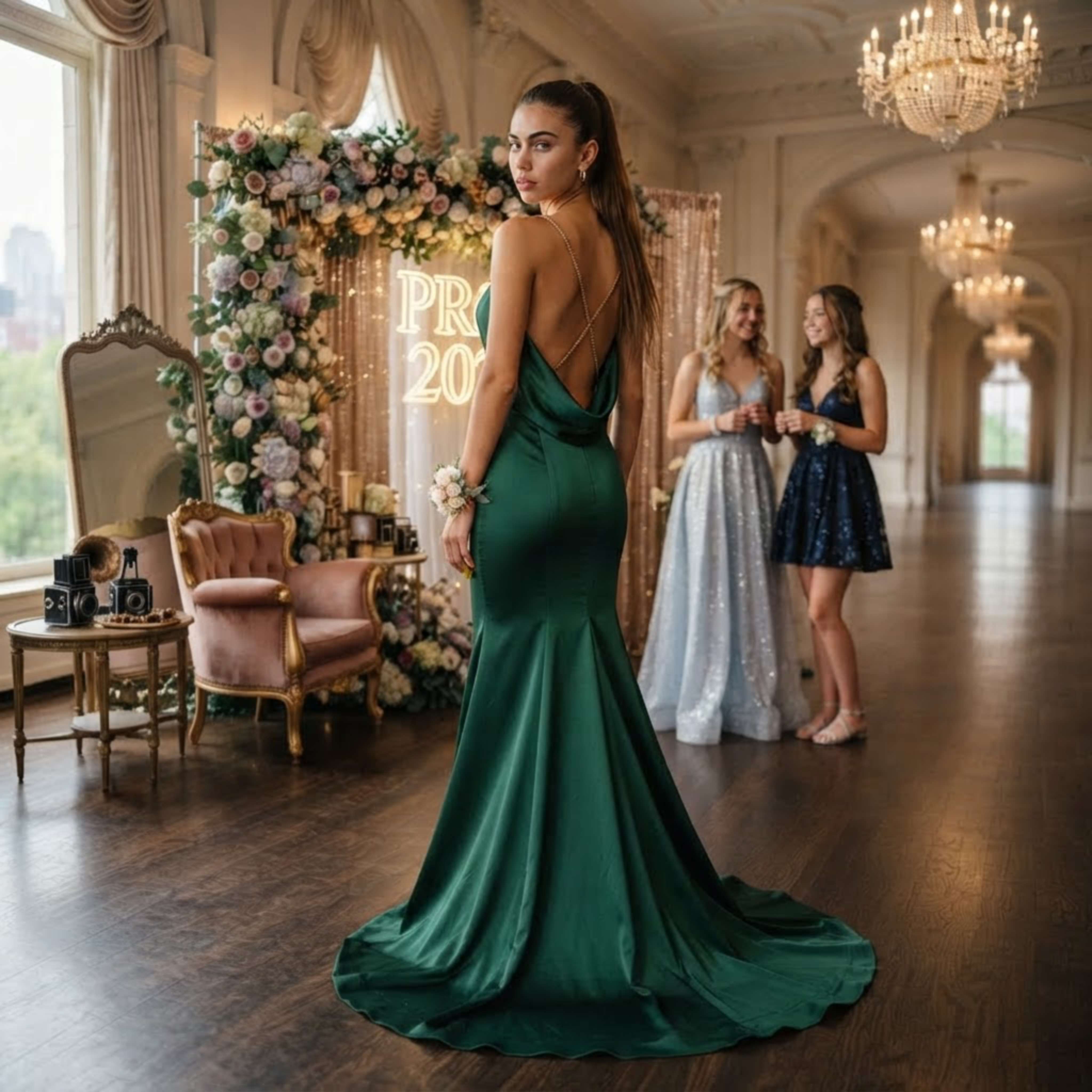 Emerald satin mermaid gown — prom 2027 dress at Laura's Boutique & Bridal in Hackensack, NJ