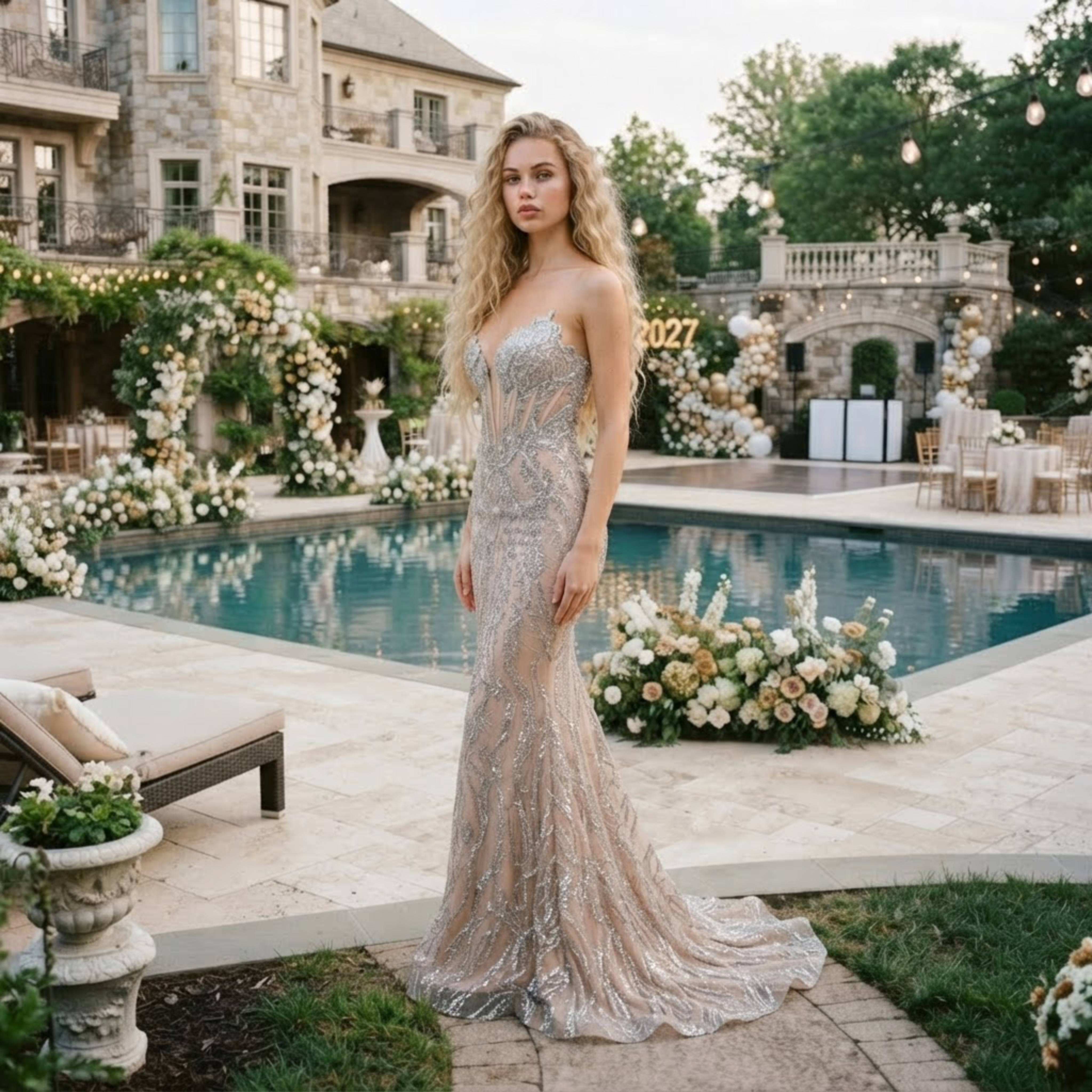 Silver sequin gown poolside at a luxury manor — prom 2027 dress at Laura's Boutique & Bridal in Hackensack, NJ