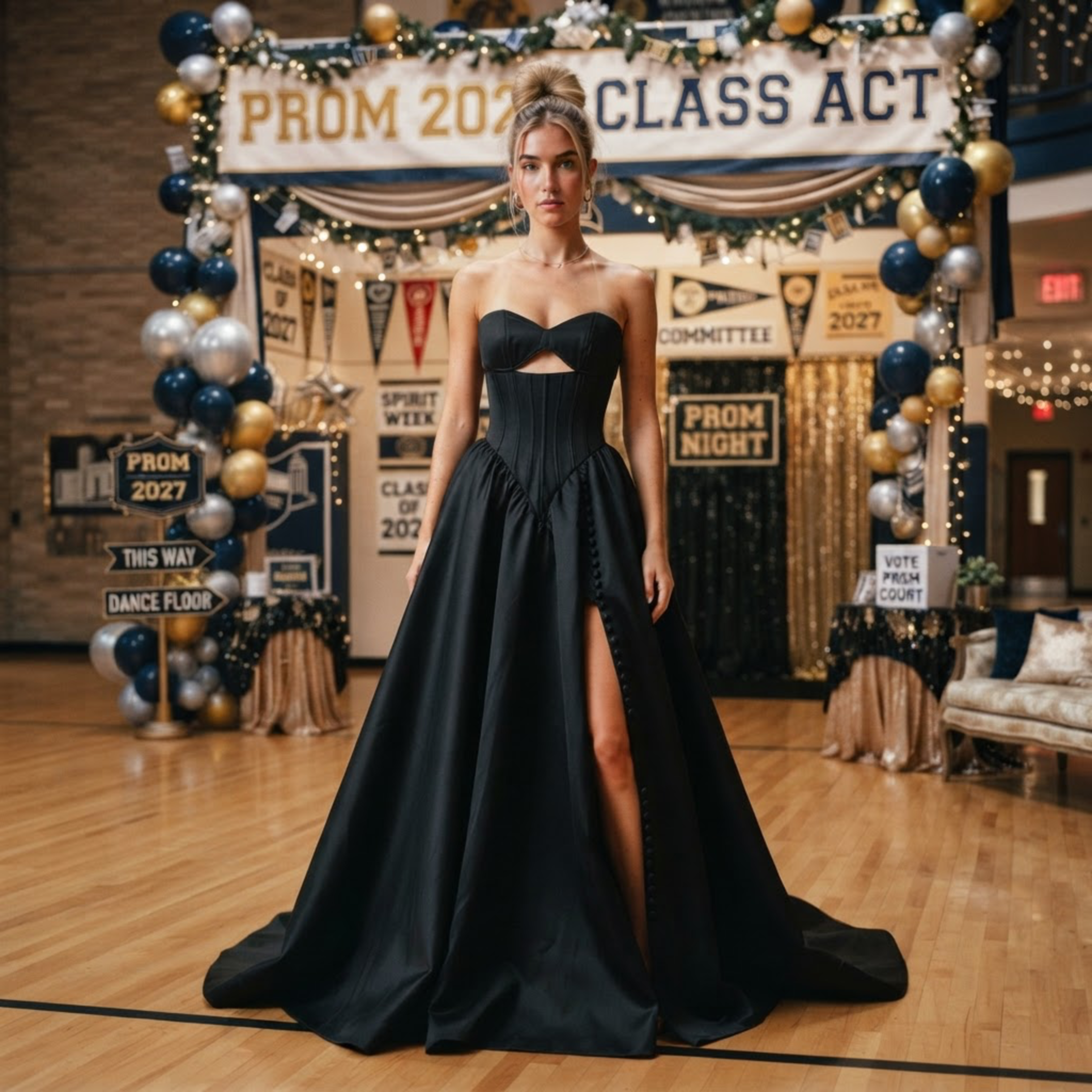 Black strapless gown at a decorated prom gymnasium — prom 2027 dress at Laura's Boutique & Bridal in Hackensack, NJ