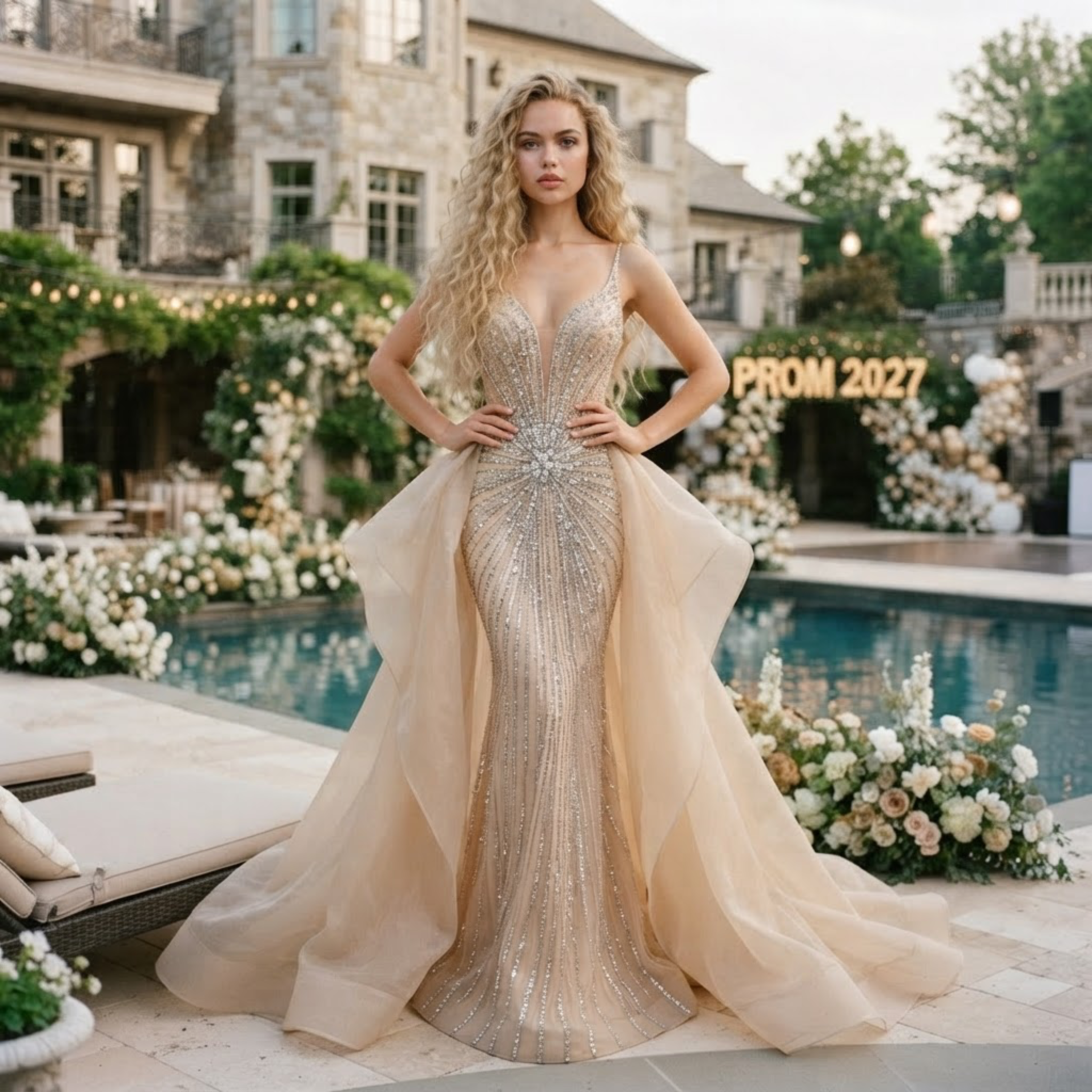Champagne beaded gown at a manor pool prom — prom 2027 dress at Laura's Boutique & Bridal in Hackensack, NJ