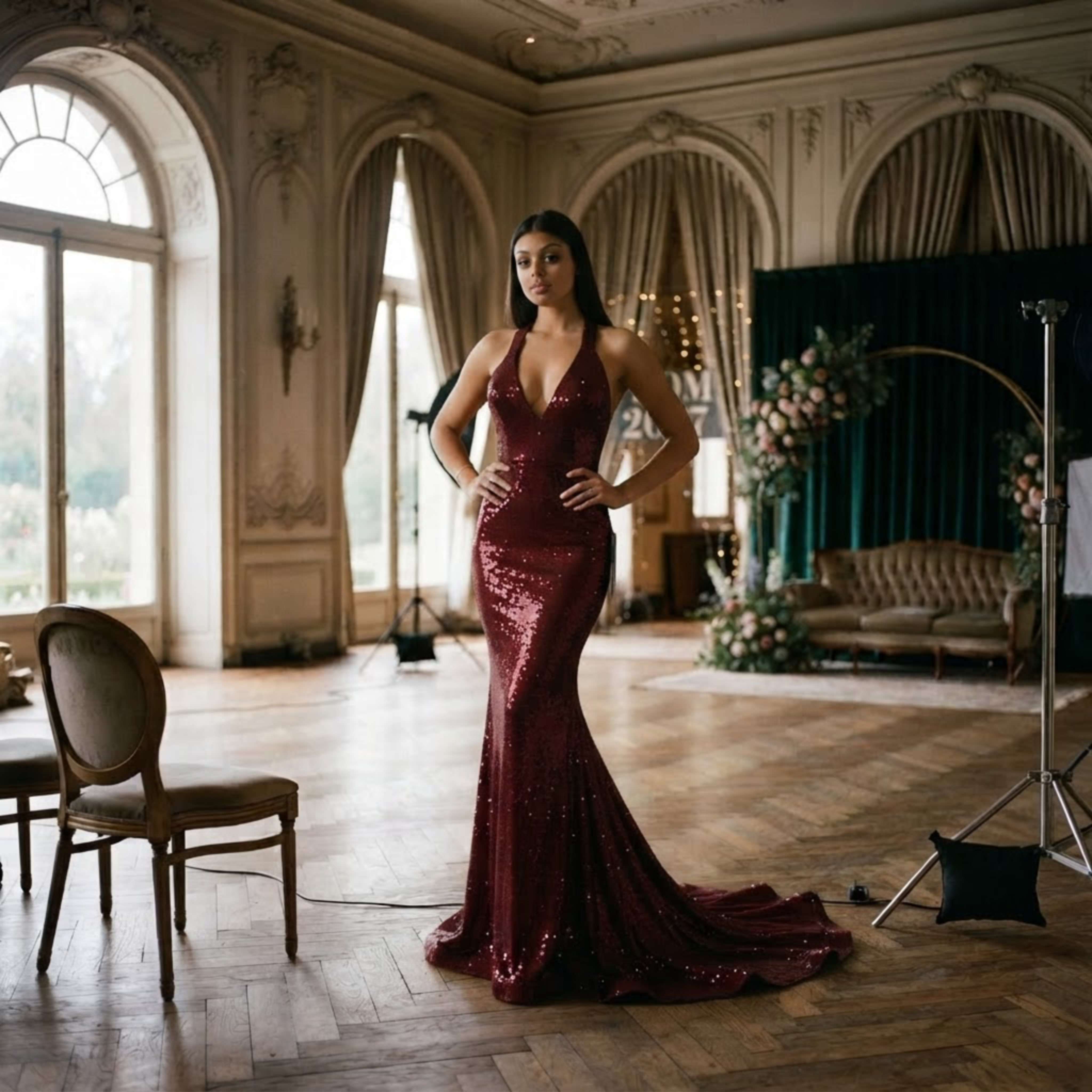 Wine sequin plunging gown — prom 2027 dress at Laura's Boutique & Bridal in Hackensack, NJ