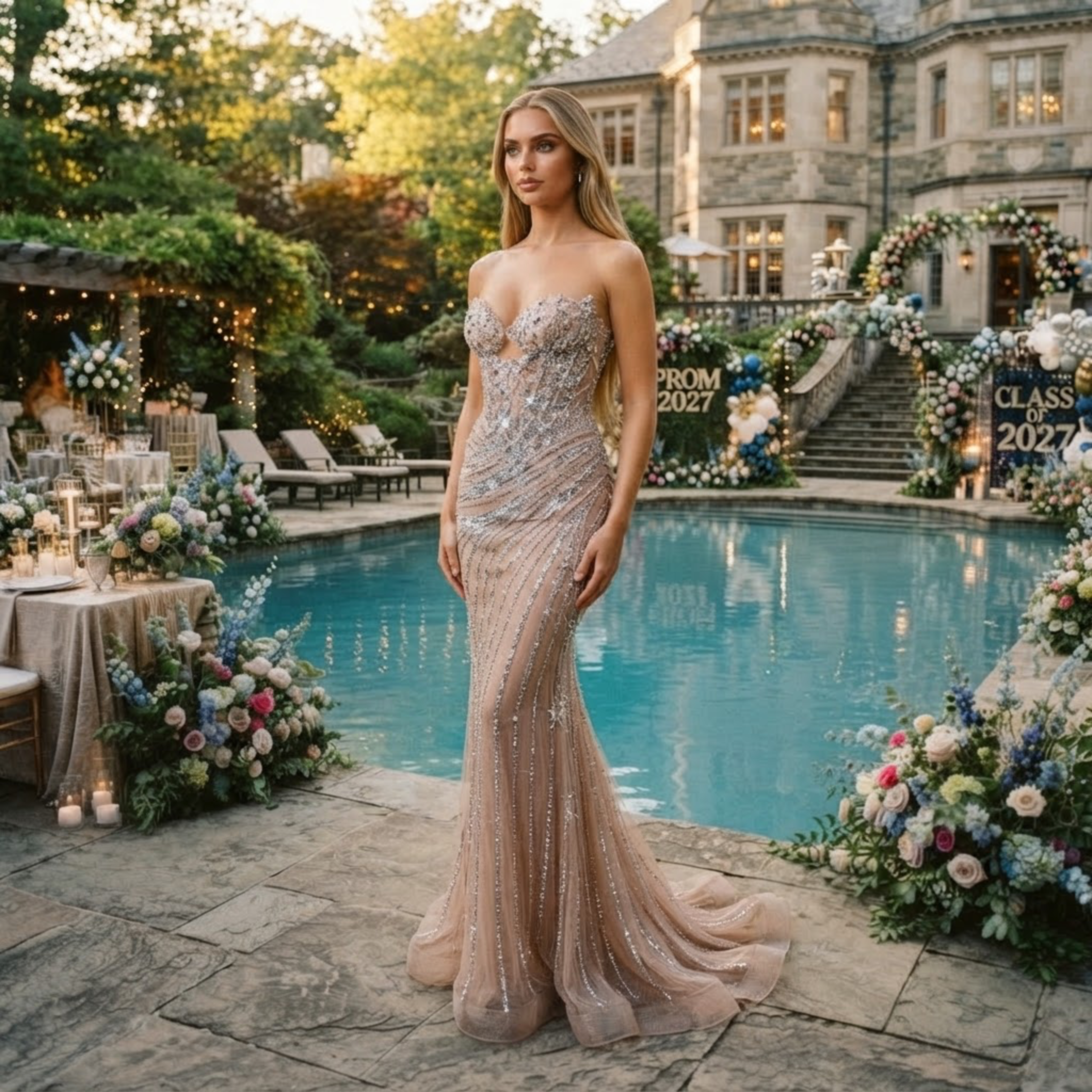 Champagne sequin gown at a manor pool prom — prom 2027 dress at Laura's Boutique & Bridal in Hackensack, NJ